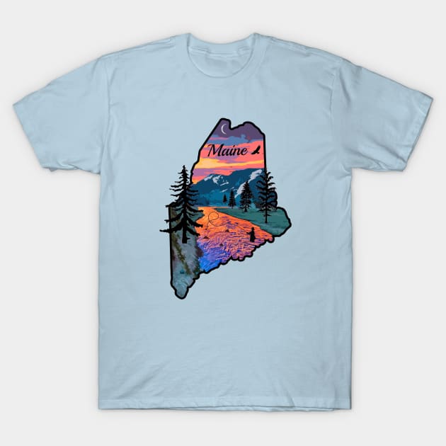 Fly Fishing Maine Mountain Sunset River Retro T-Shirt by TeeCreations